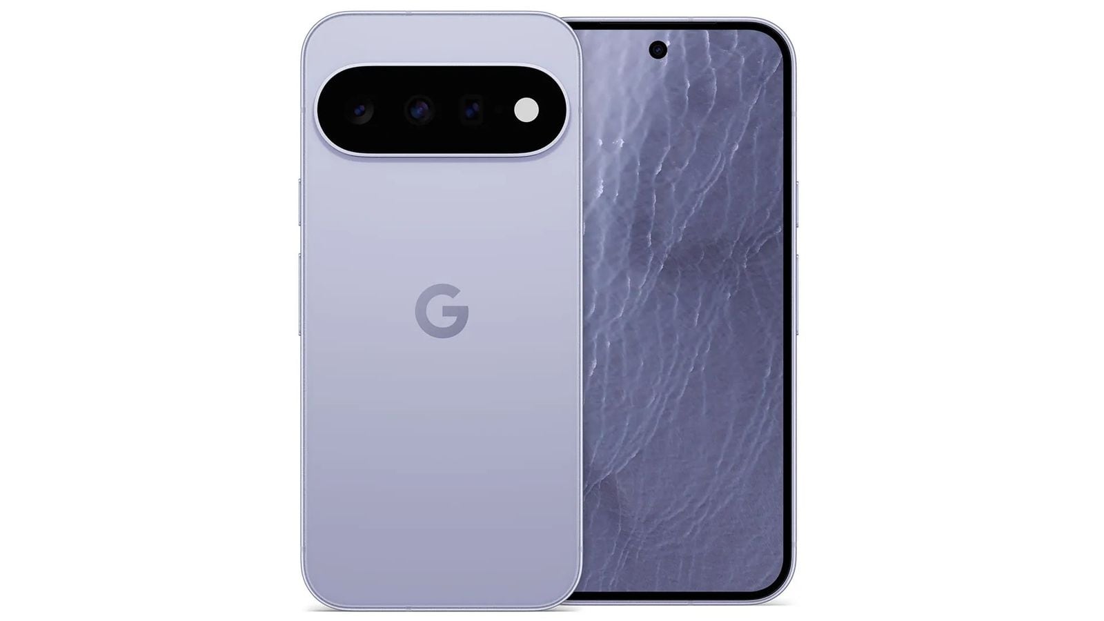 Smartfón Google Pixel 9 Pro zobrazený spredu a zozadu, levanduľová farba, biele pozadie