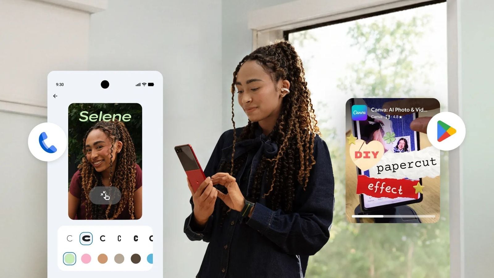 Žena drží červený skladací telefón s obrazovkou úpravy farieb kontaktu v Androide a kartou aplikácie z Google Play