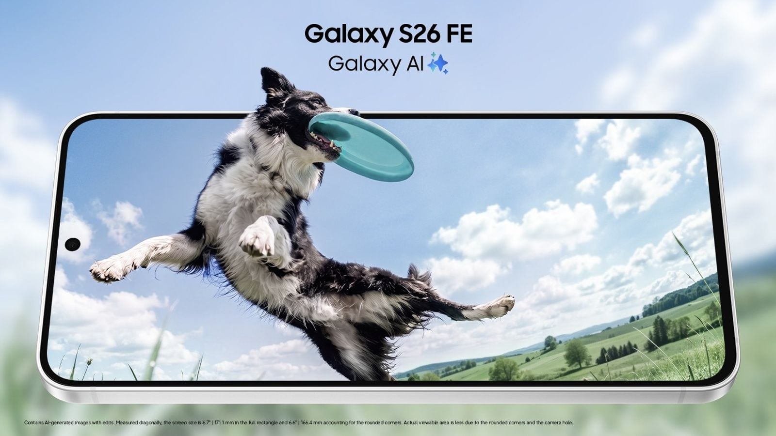 Galaxy S26 FE spredu, na displeji pes chytajúci frisbee, propagácia 6,7' obrazovky