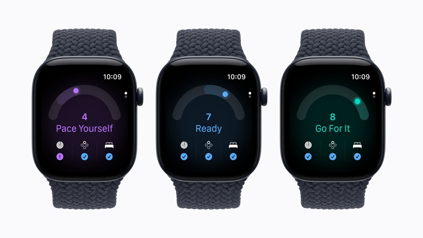 Tri Apple Watch Series 12 zobrazujú skóre pripravenosti: Pace Yourself, Ready a Go For It