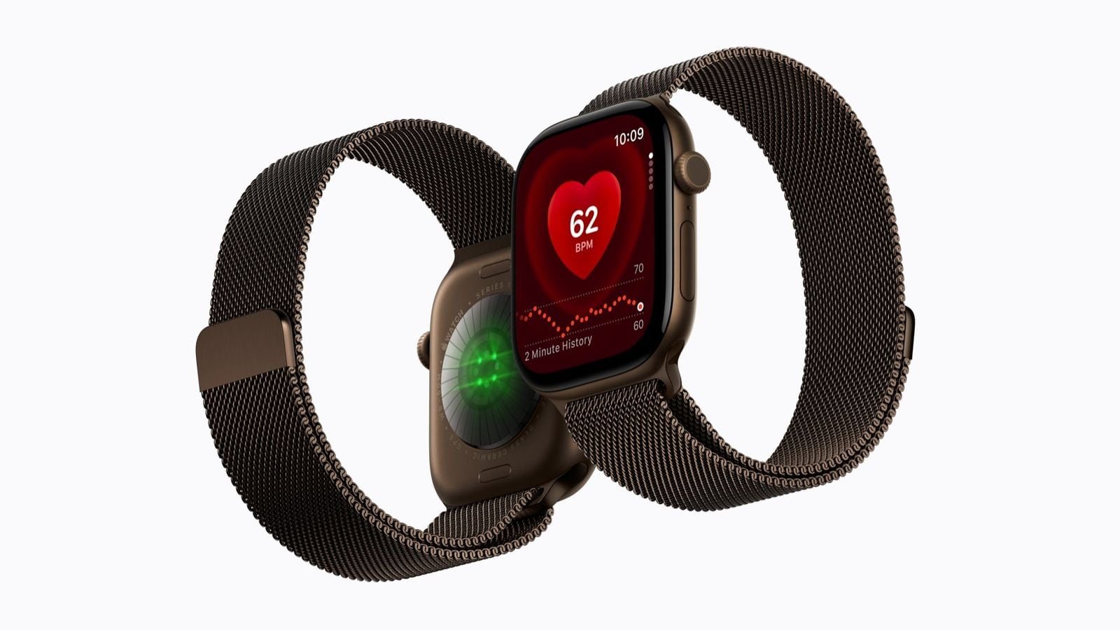 Dva Apple Watch Series 12 vedľa seba, jeden zobrazuje senzory vzadu, druhý aplikáciu Srdcová frekvencia
