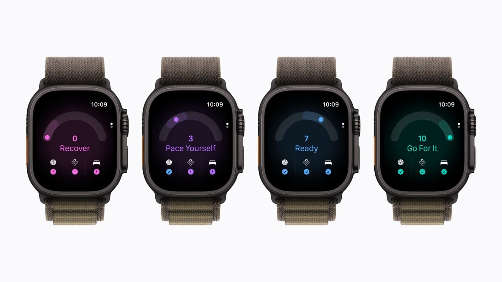 Štyri Apple Watch Ultra 4 zobrazujú aplikáciu Readiness so stavmi Recover, Pace Yourself, Ready a Go For It