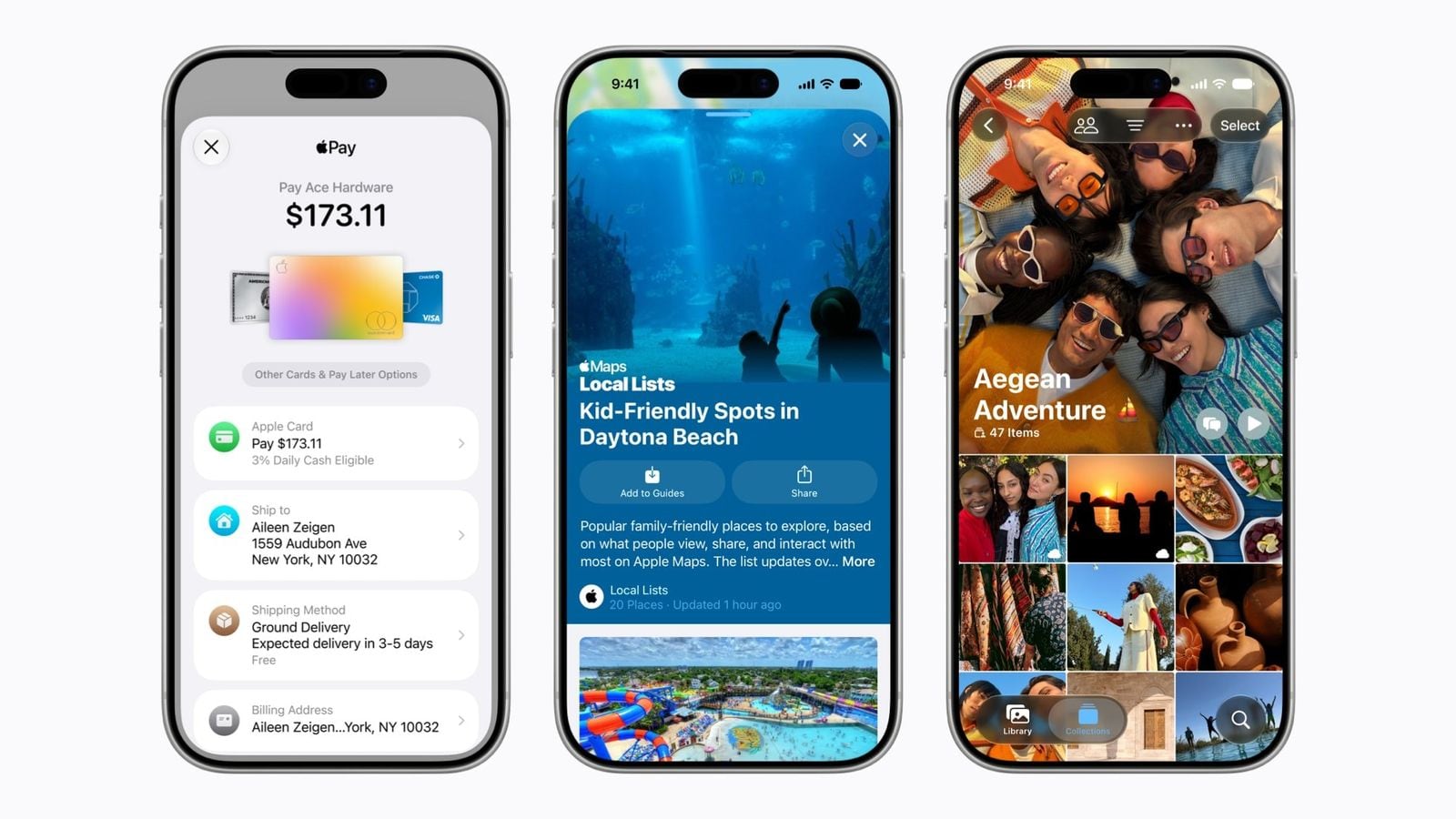 Three iPhone 17 Pro devices show screens from various Apple services.