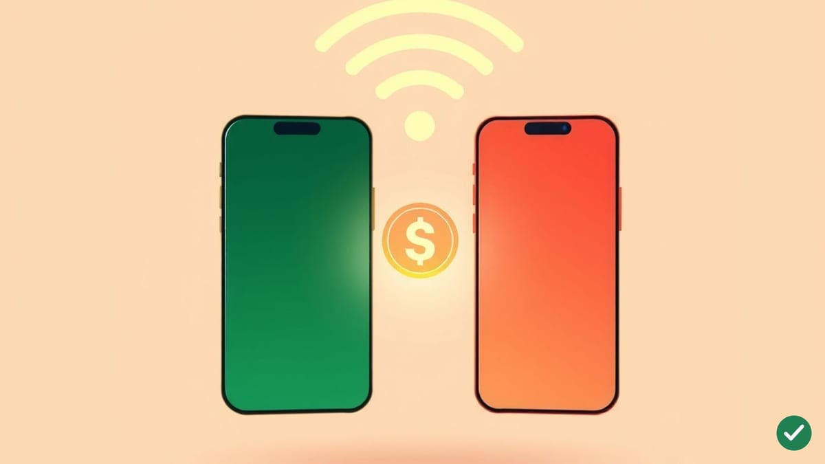 Ilustrácia dvoch prepojených smartfónov s malým mincovým symbolom poplatku medzi nimi