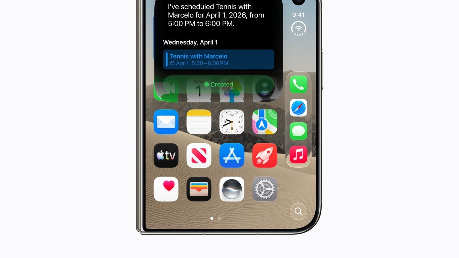 Siri AI využíva aplikácie používateľa iPhone Duo na vytvorenie udalosti v Kalendári pre tenisový zápas