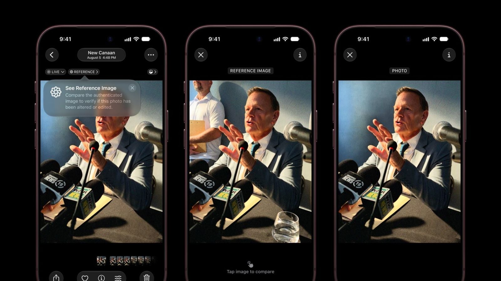 Tri iPhone 18 Pro zobrazujú Apple Reference Image porovnávajúci pôvodnú fotografiu s upravenou verziou