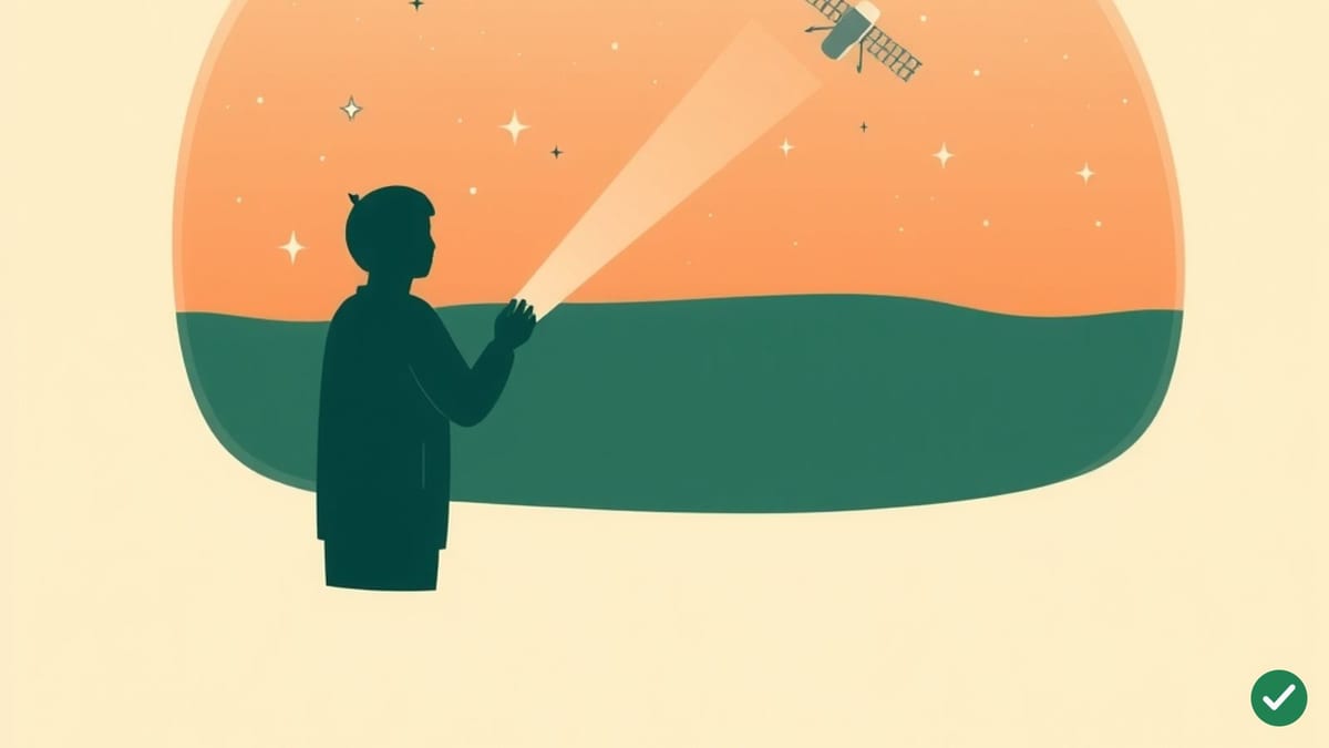 Ilustrácia smartfónu vysielajúceho slabý lúč signálu k satelitu na nočnej oblohe