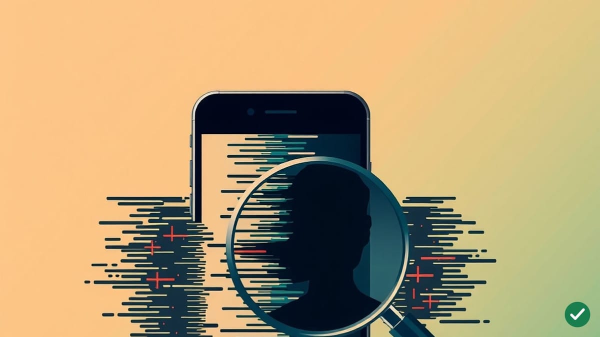 Ilustrácia smartfónu zahaleného digitálnym šumom, nad ktorým sa vznáša lupa