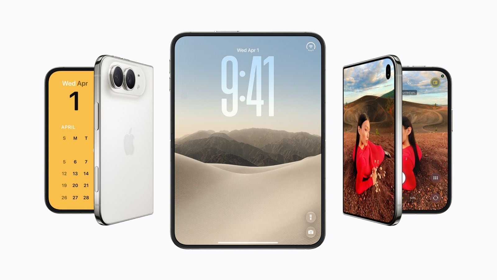 A row of three iPhone Duo devices, with two of them folded and the center one open.