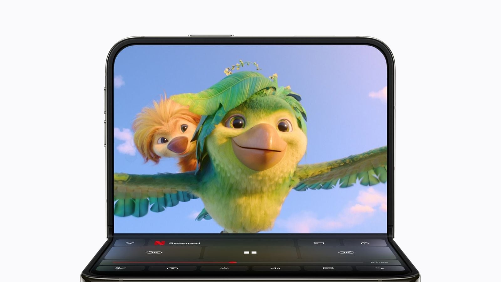 A partially folded iPhone Duo device shows an animated TV show playing in the Netflix app.