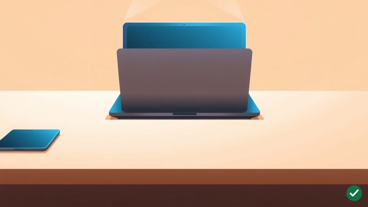 Ilustrácia žiariaceho čipu nad tenkým notebookom na stole