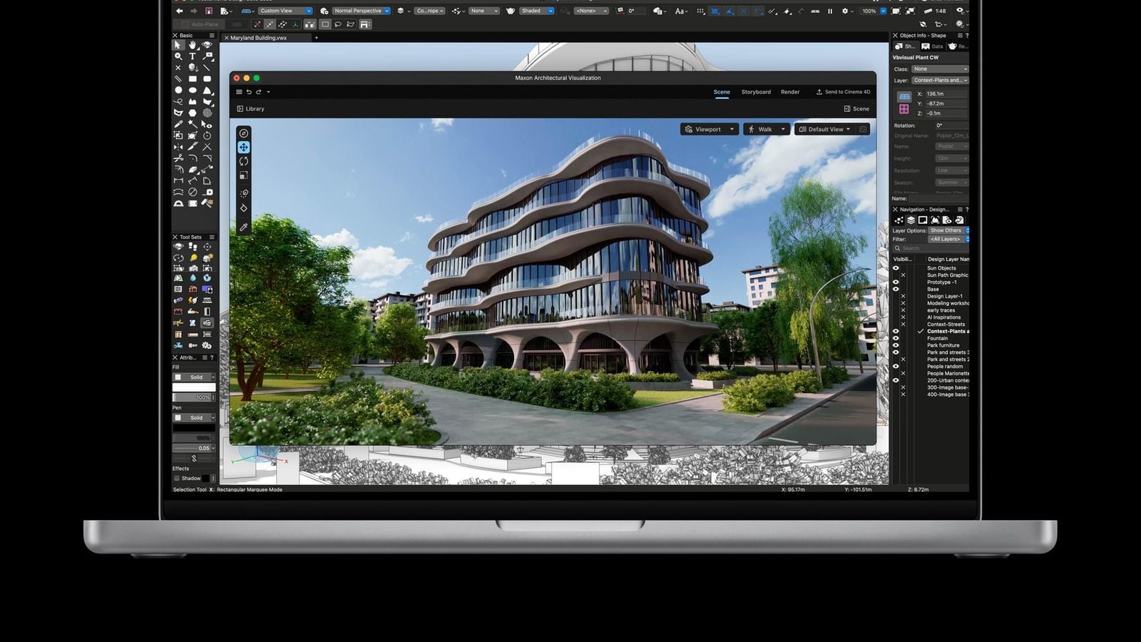 MacBook Pro shows a building rendering in Vectorworks.