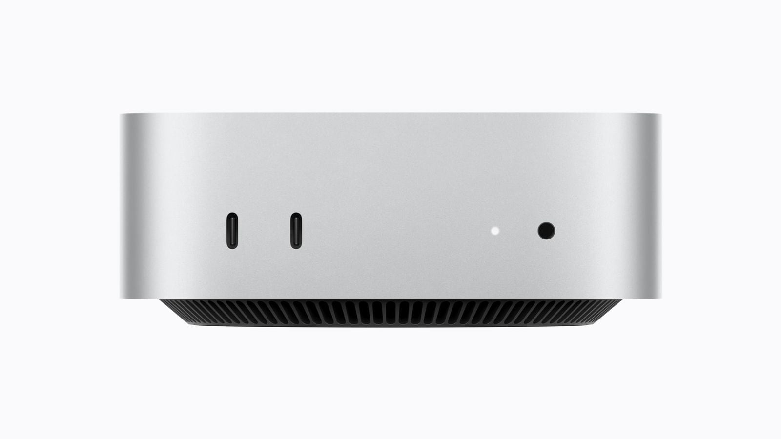 Predná strana Mac mini s dvomi portami USB-C podporujúcimi USB 3 a konektorom na slúchadlá