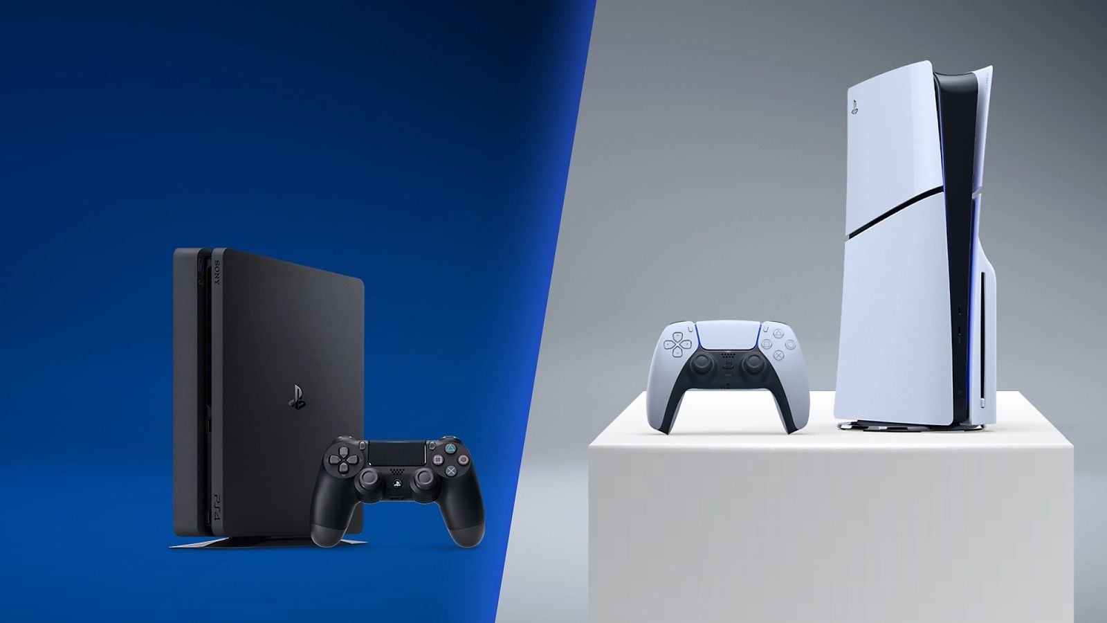 PS4 vľavo a PS5 Slim s ovládačom DualSense vpravo na štúdiovom pozadí