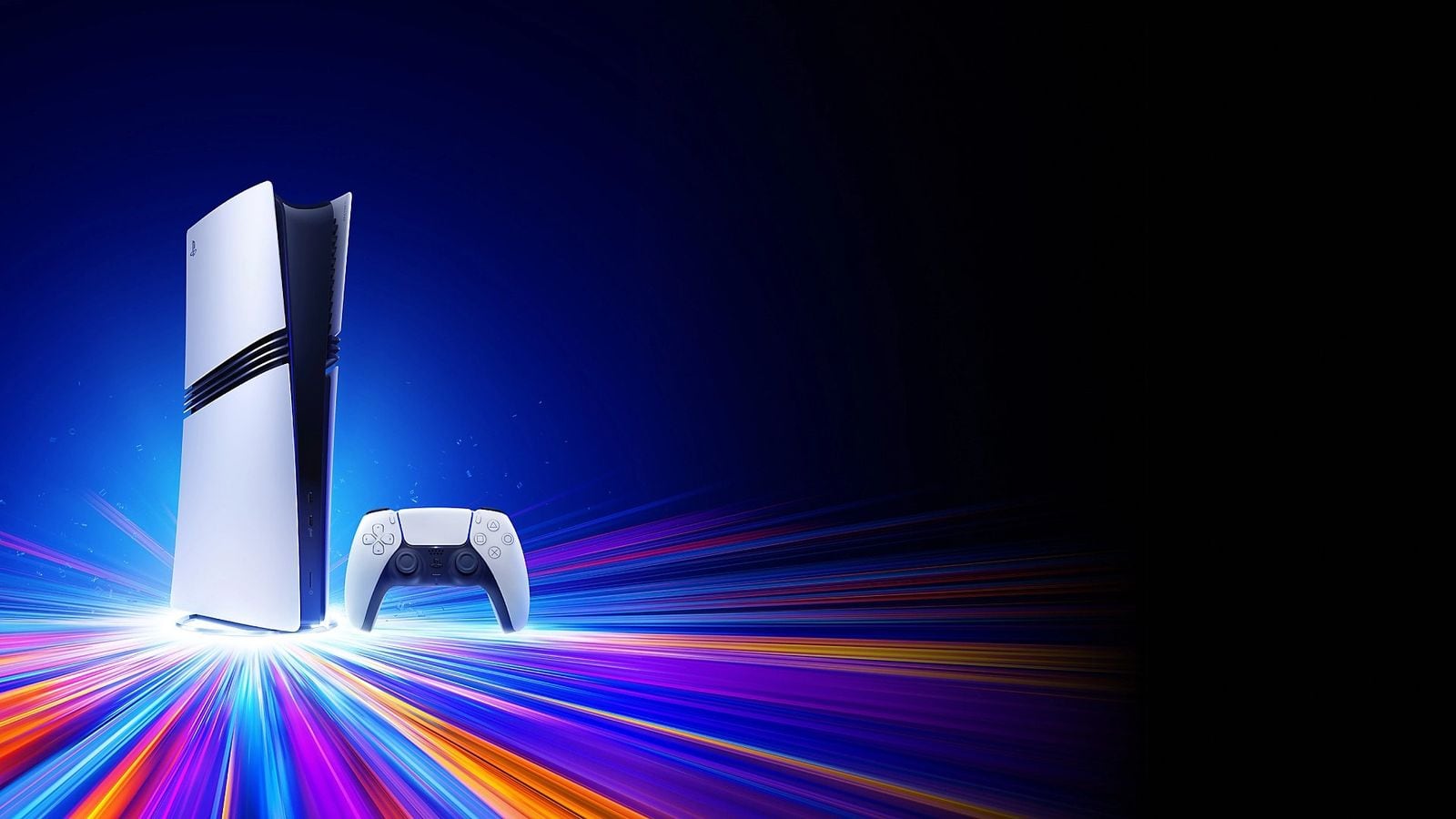 PS5 Slim konzola s bielym DualSense ovládačom, dynamické modré pozadie s farebnými svetelnými pruhmi