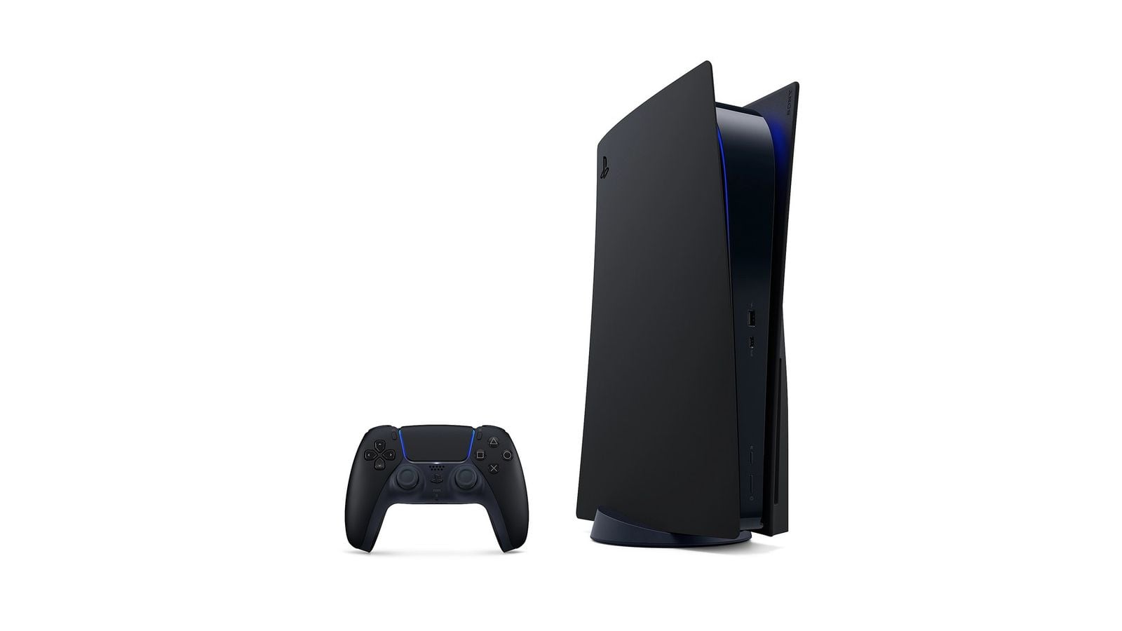 PS5 konzola s čiernymi bočnými krytmi a čiernym DualSense ovládačom