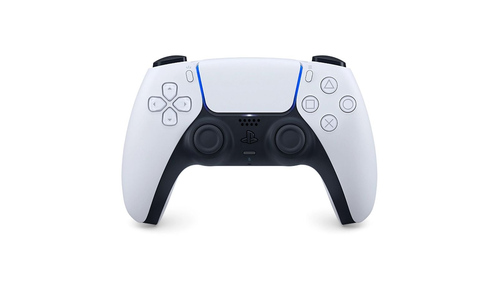 Štandardný biely bezdrôtový ovládač DualSense pre PS5, pohľad spredu na bielom pozadí