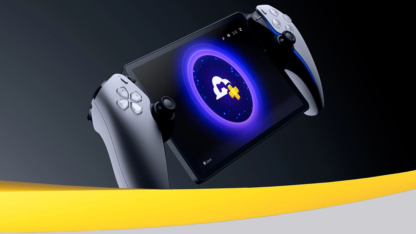 PlayStation Portal s ovládacími úchopmi v štýle DualSense, na displeji ikona PS Plus