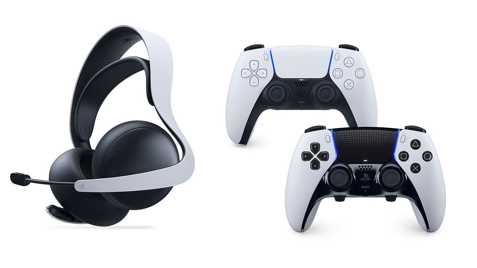 Bezdrôtový headset s dvoma bielymi DualSense ovládačmi