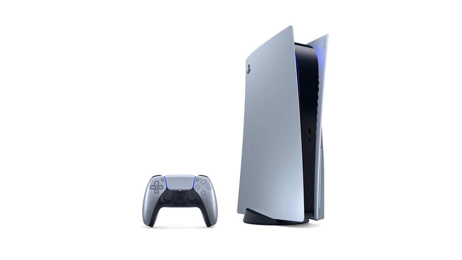 Strieborná PS5 Slim konzola s ovládačom DualSense rovnakej farby