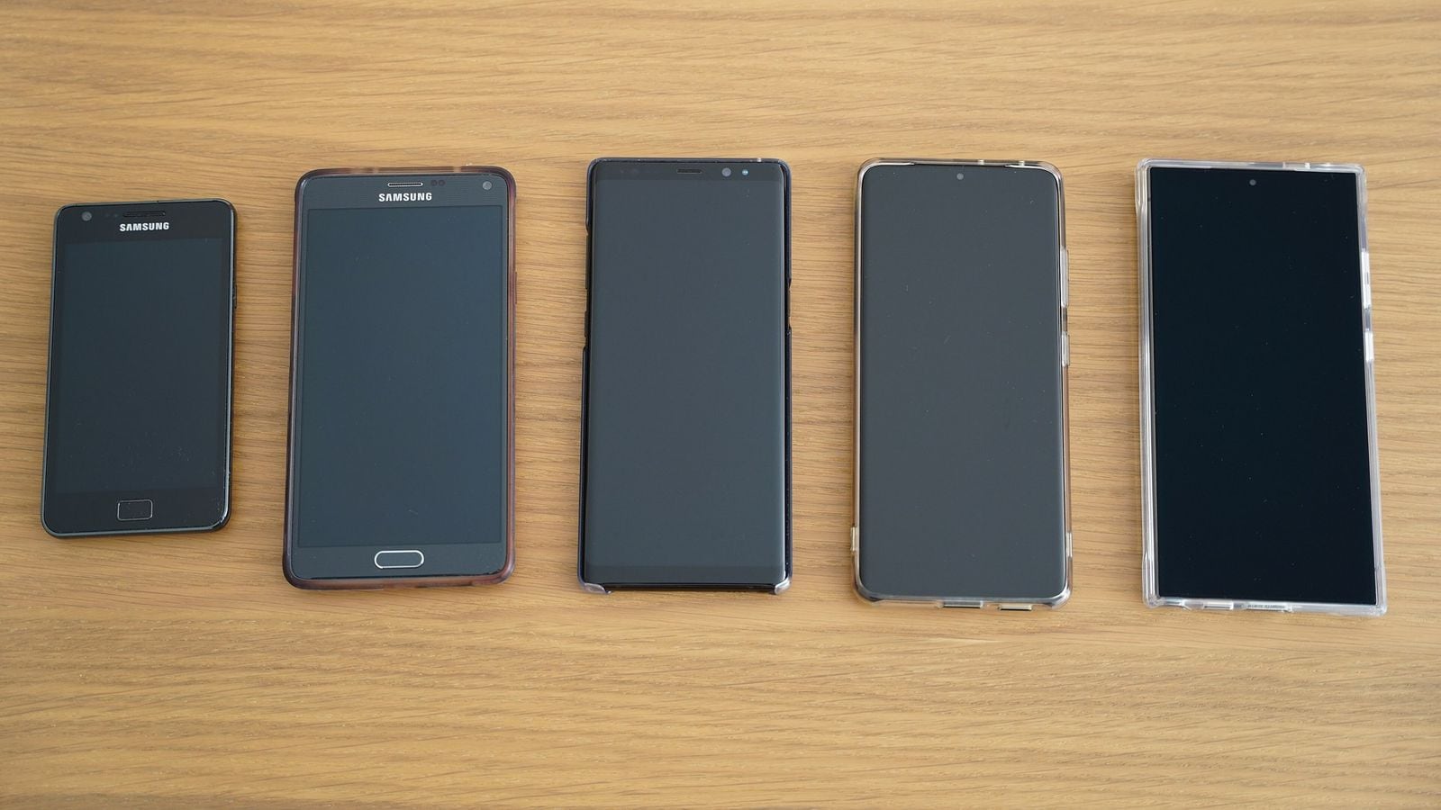 Päť telefónov Samsung Galaxy (S2, Note4, Note8, S21, Ultra v puzdre) vyrovnaných na drevenom stole