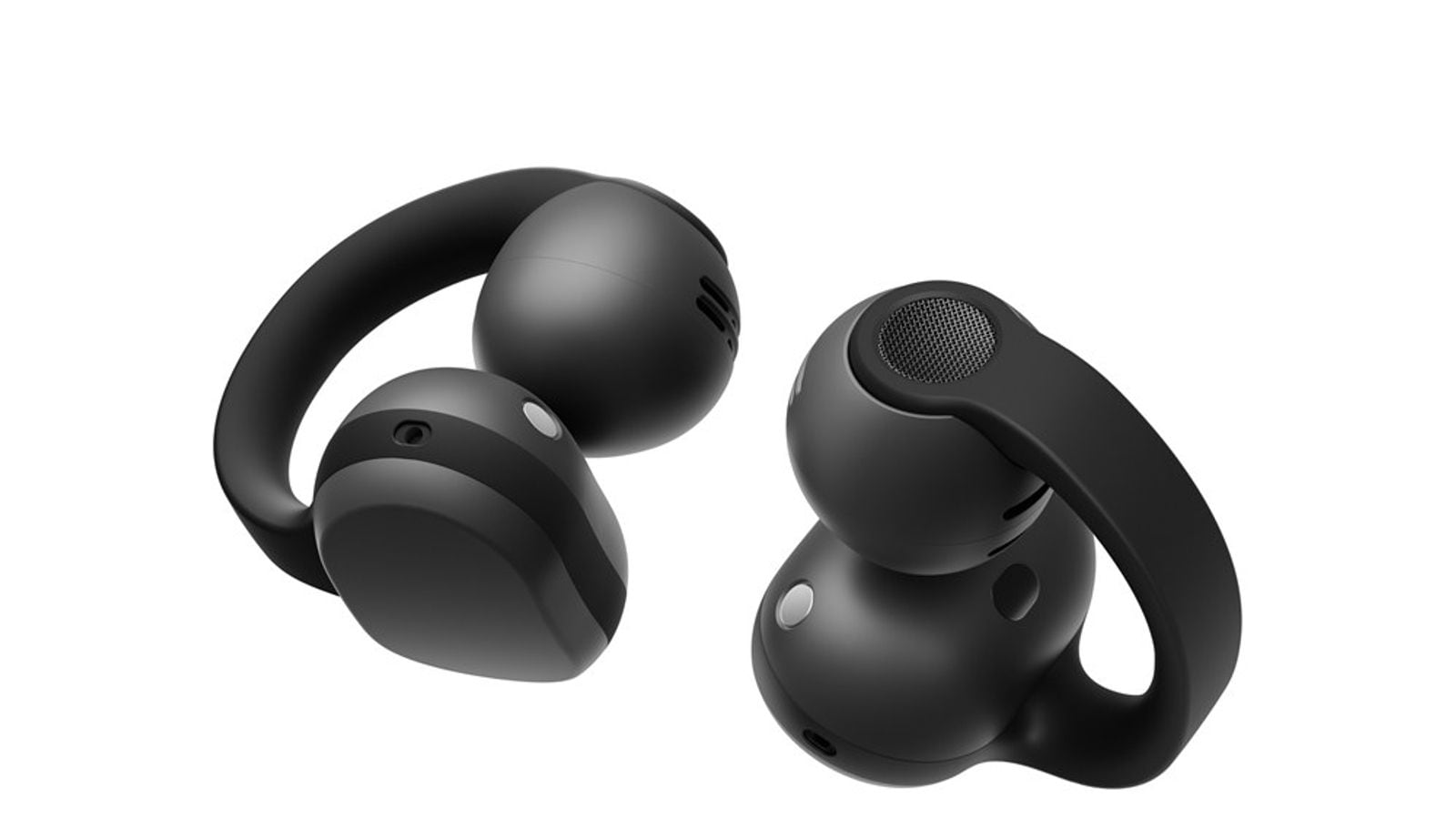 Pár čiernych klipových slúchadiel Samsung Galaxy Buds On, pohľad zboku na bielom pozadí